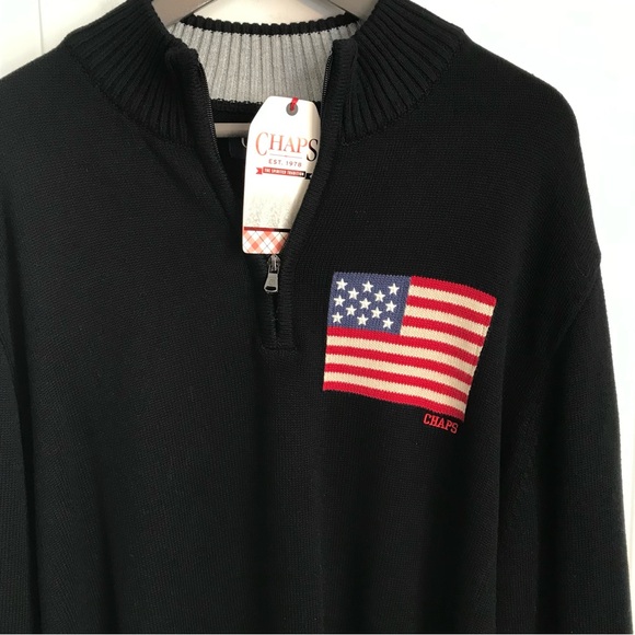 CHAPS Big Men's 2XL Black & Red USA Flag Thick 100% Cotton 1/4 Zip Sweater NWT - Picture 9 of 16